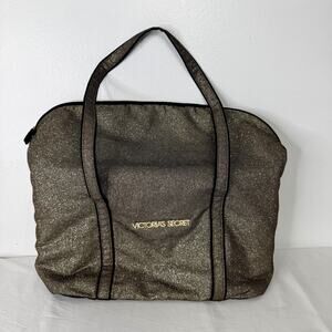 Victoria's Secret Glitter Shimmer Tote Shoulder Bag Black Gold Logo Zip Top